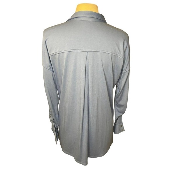 J Jill Button Front Blouse Roll Tab Sleeves Small Blue Collared Long Stretchy - Picture 5 of 9